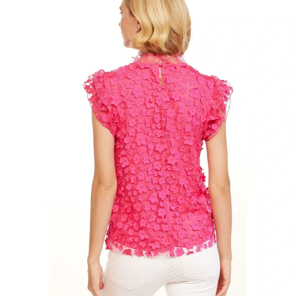Eva Franco Vixen Top in Orchid Petal Hot Pink 3D Floral Applique Ruffle Size‎ 4